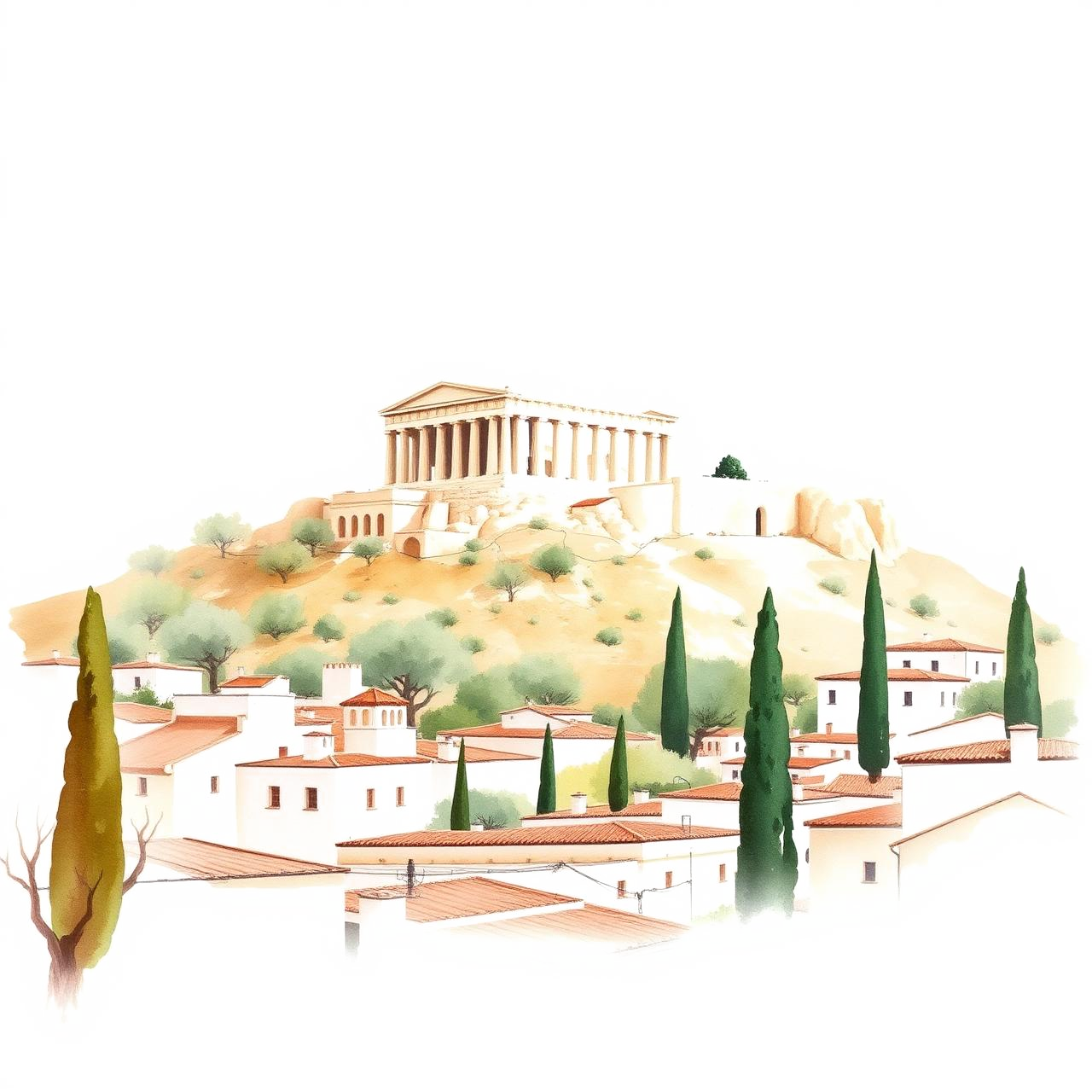 Watercolor illustration of Athens with the Acropolis, olive trees and whitewashed houses